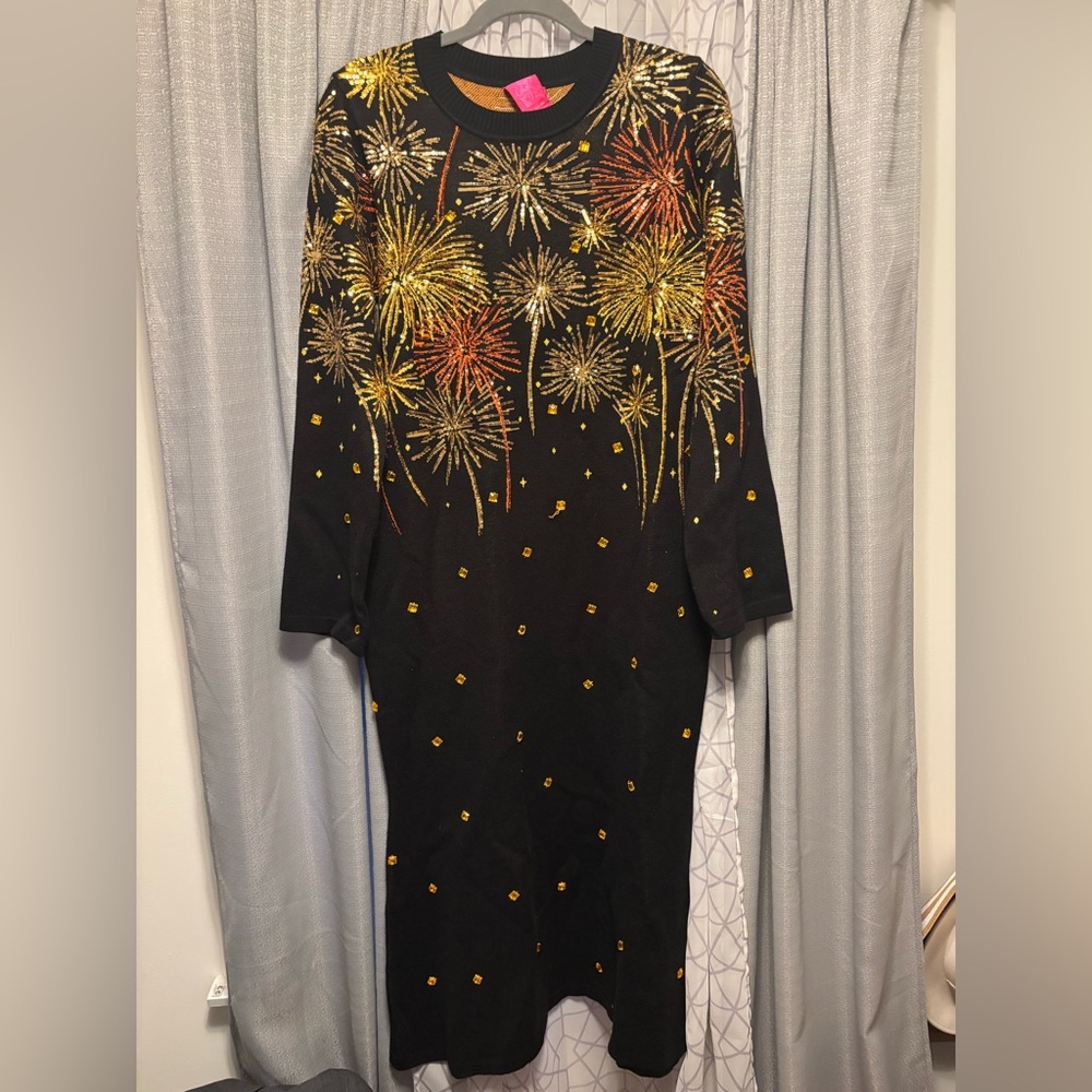 BNWT QUEEN OF SPARKLES Black Midi Dress with Gold and Orange Firework Embroidery